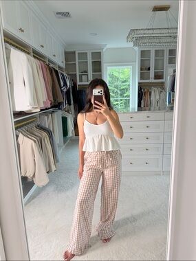 Beige Gingham Wide-Leg Pants Lined